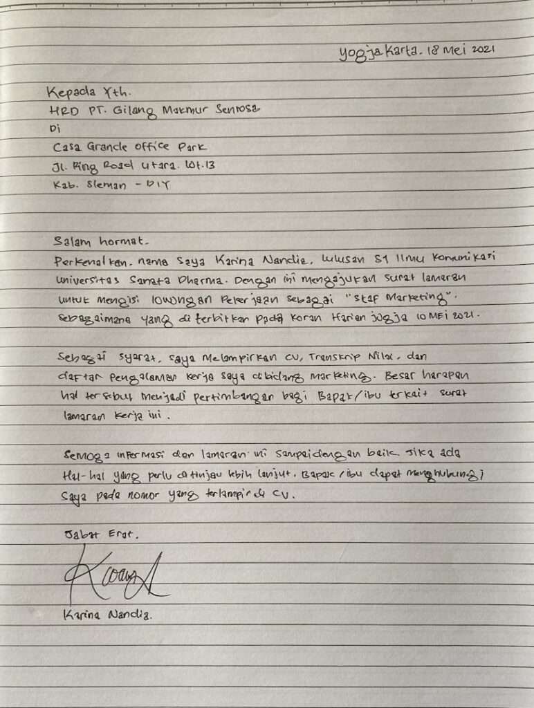 contoh surat lamaran tulis tangan